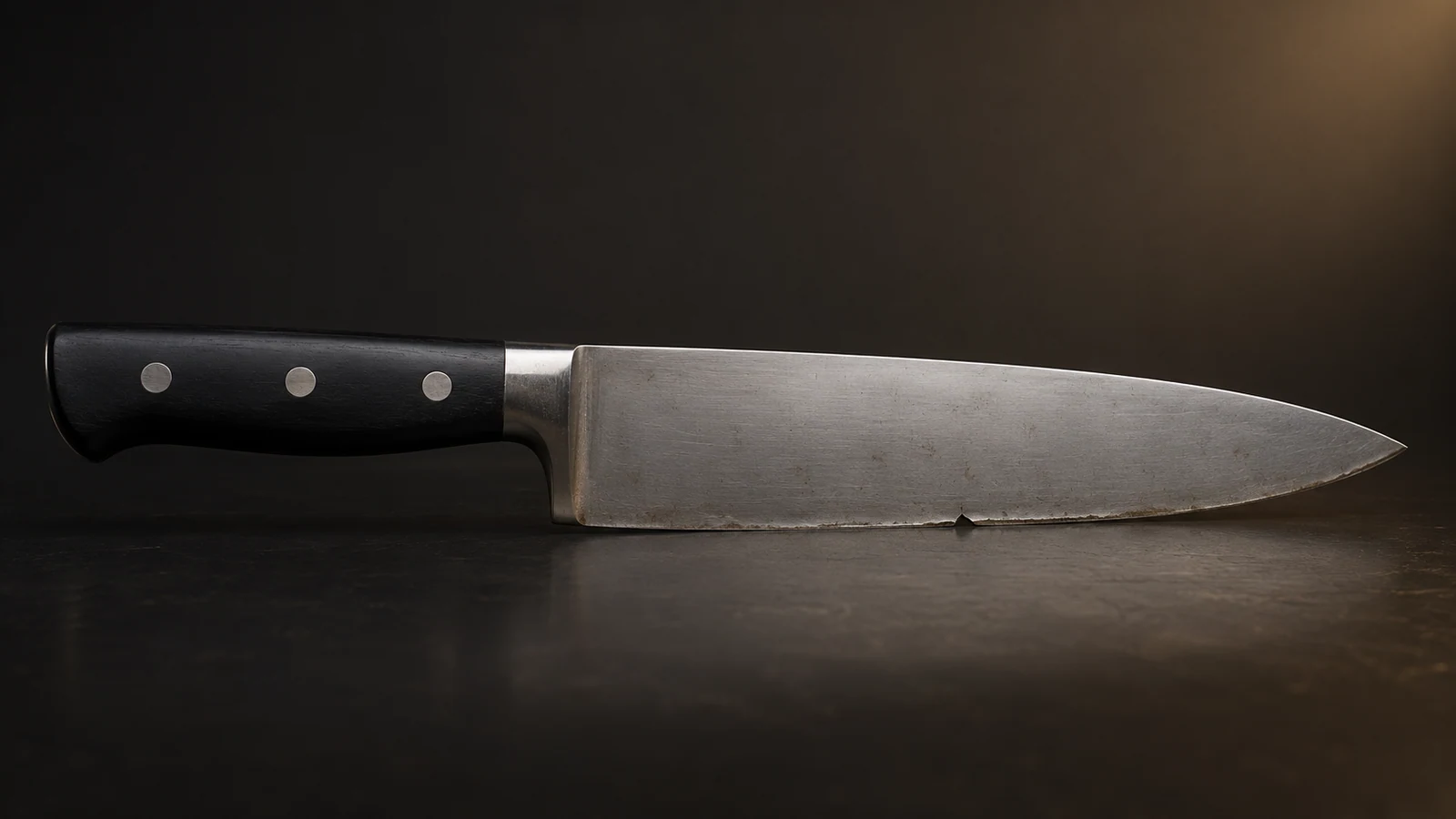 Dasselbe Küchenmesser vor der Bearbeitung mit Ausbruch in der Schneide und Gebrauchsspuren